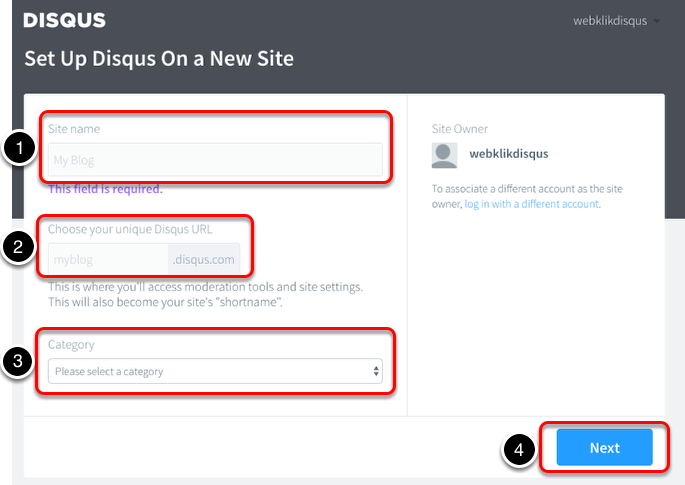 Vul uw website naam in (1), kies uw Disqus URL (2), selecteer een
Categorie (3), klik op de blauwe knop met 'next'
(4)