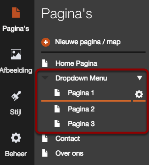 Pagina's zijn toegevoegd aan map voor het dropdown
menu